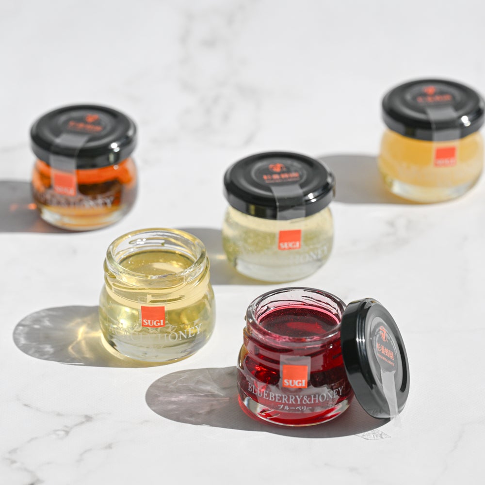 Honey Selection (30g / jar) × 5 jars (Yuzu & Honey, Blueberry & Honey, Maple & Honey, Acacia Honey - Made in Hungary, Rapeseed Honey - Made in Canada)