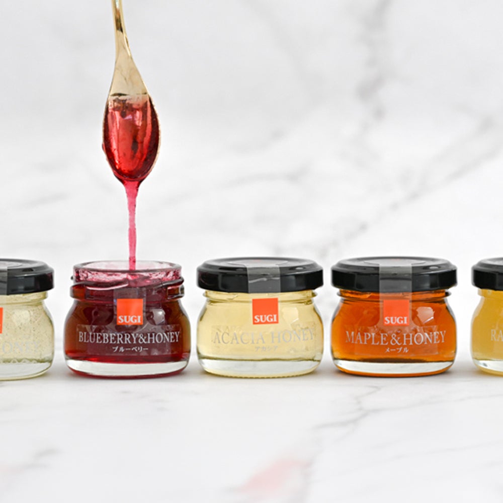 Honey Selection (30g / jar) × 5 jars (Yuzu & Honey, Blueberry & Honey, Maple & Honey, Acacia Honey - Made in Hungary, Rapeseed Honey - Made in Canada)