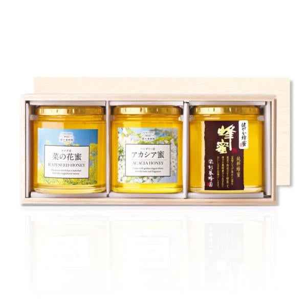 純粋蜂蜜3瓶ギフト (菜の花蜜/健やか蜂蜜/アカシア蜜) KWA2H500 (木箱入り)