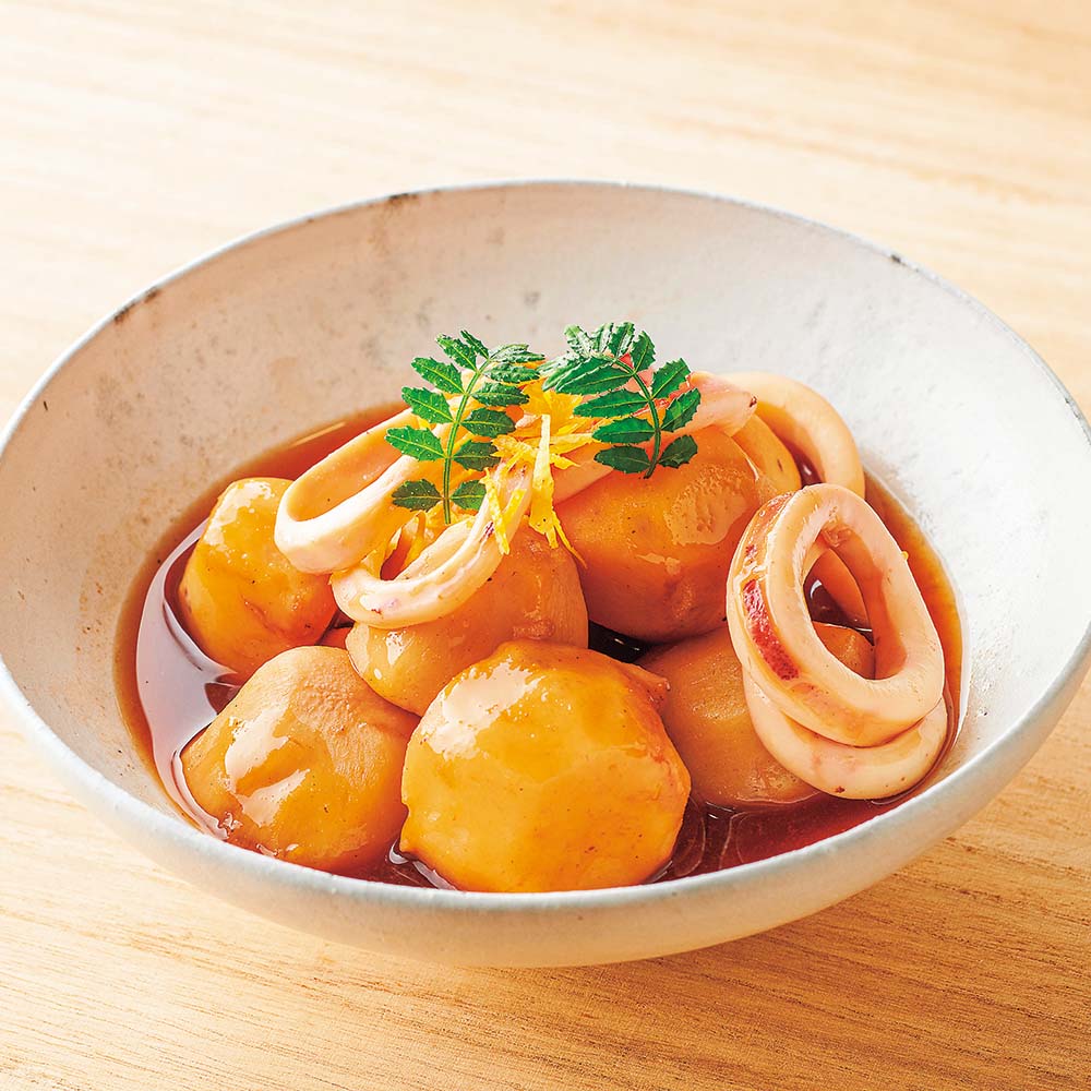 Simmered squid and taro with yuzu honey